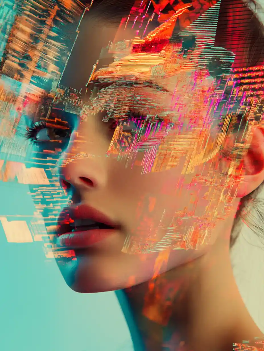 Donna al neon surreale tra forme astratte organiche frattali