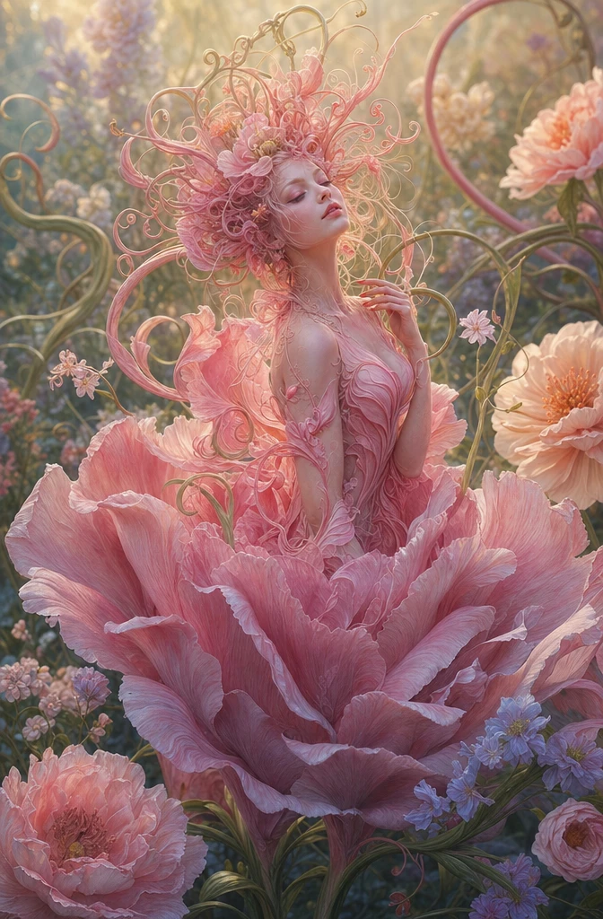 Flower like maiden emerging from a vibrant pink bloom