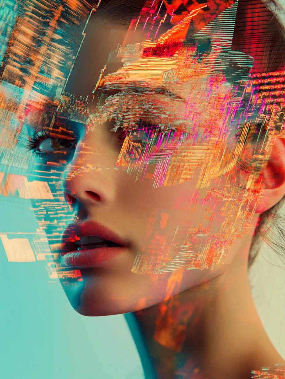 Surreal neon woman amid fractal organic abstract forms