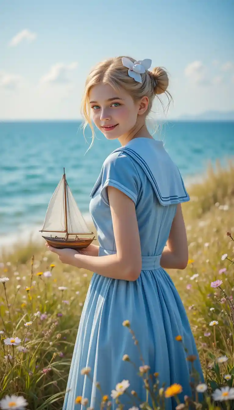 Young girl in blue sailor dress by the ocean
