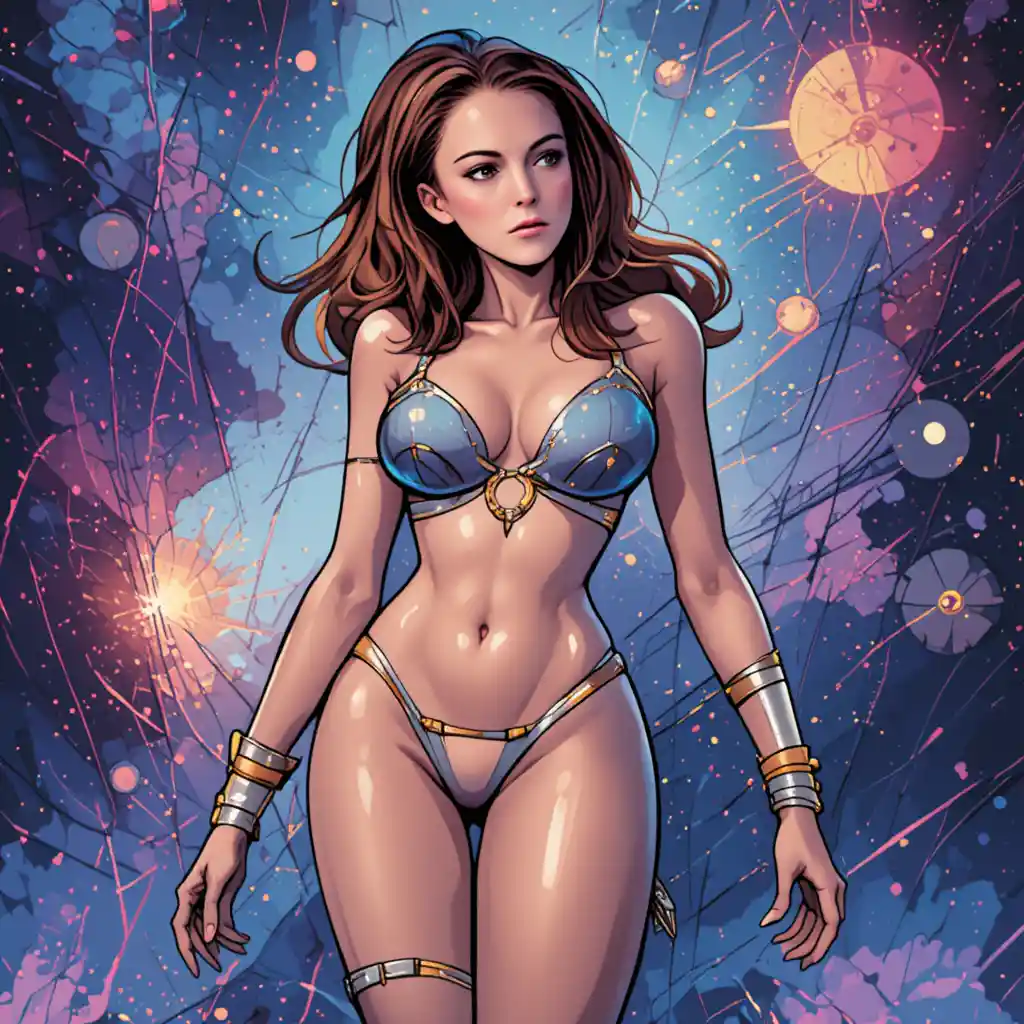 Curvy space woman in dynamic pose with futuristic bikini