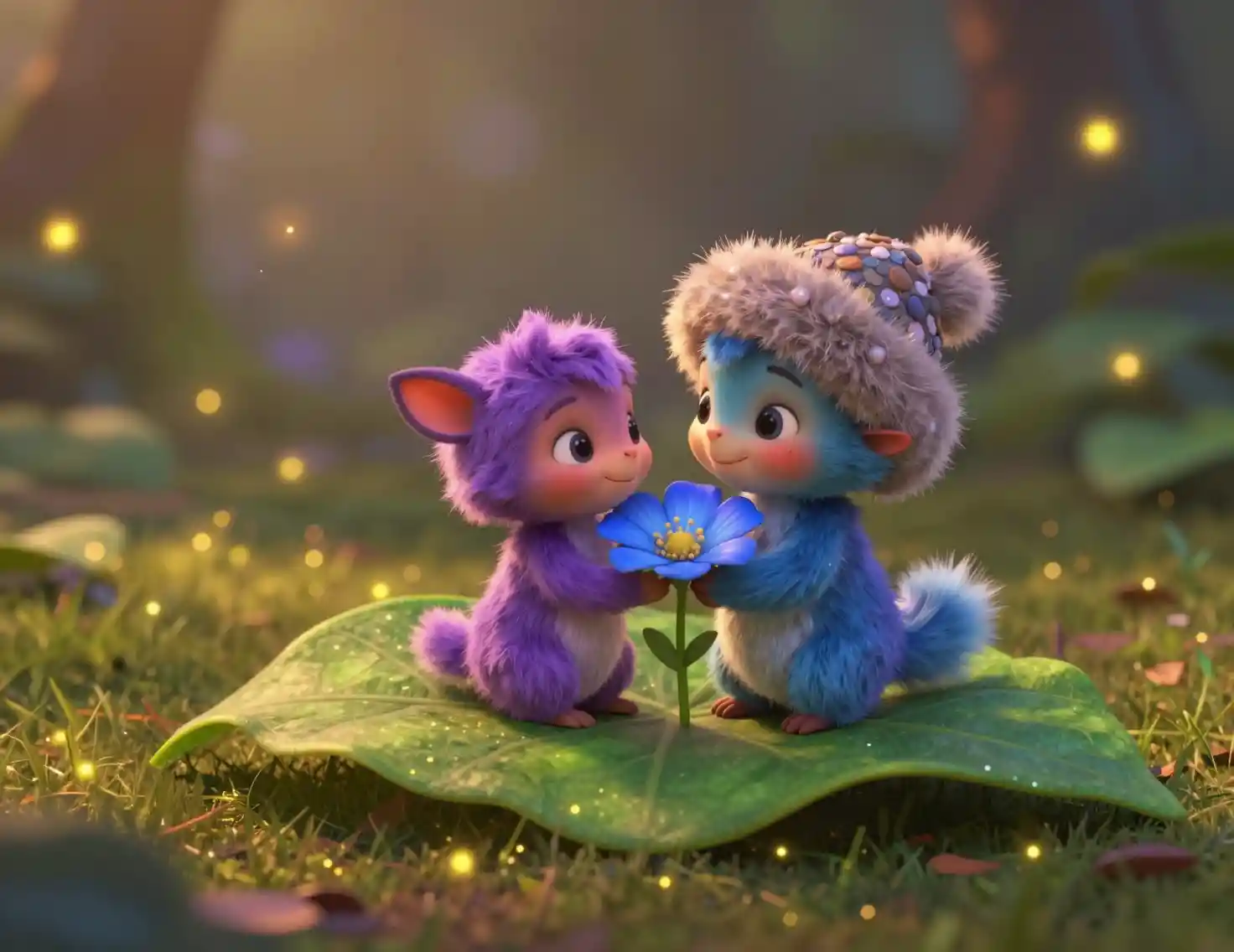 Tiny fairy creatures on a leaf in glowing forest light