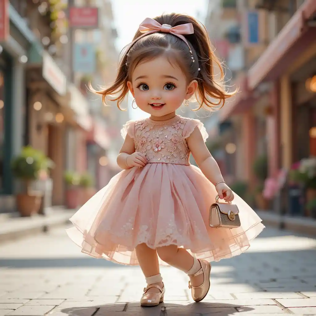 Stylish toddler girl walking on sunny city street