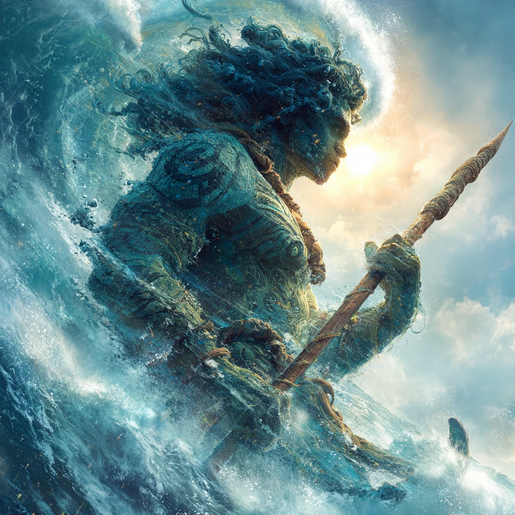 Mythic sea god calming stormy waves in vibrant portrait