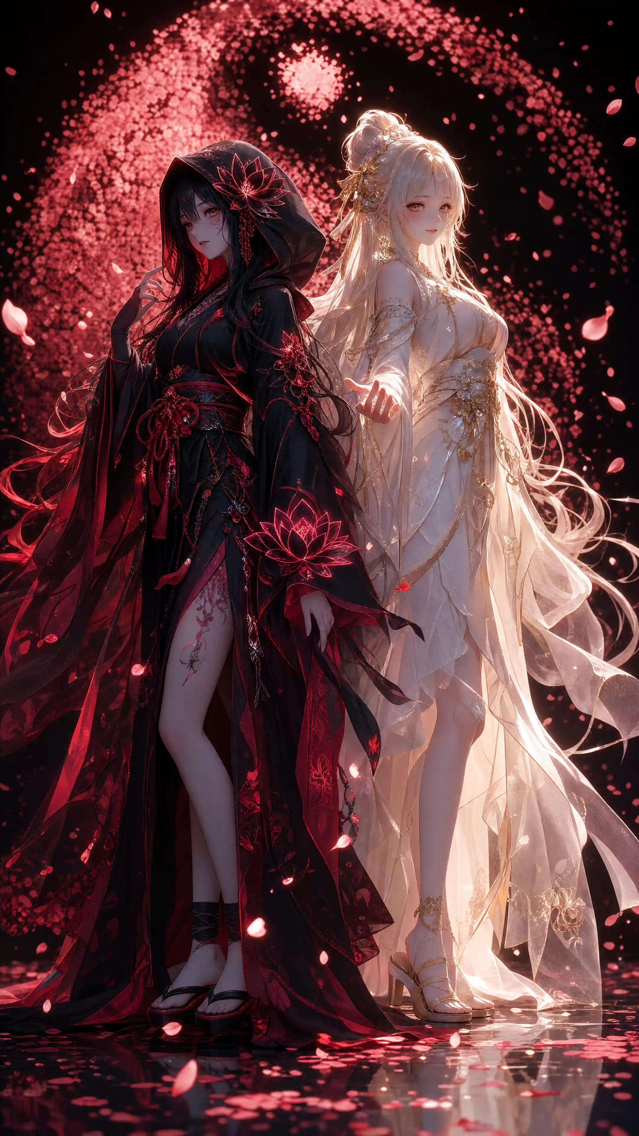 Eighteen year old anime girl in glowing black and red robes