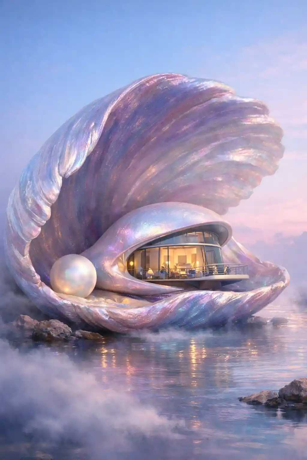 Surreal seashell home cradling a glowing modern building