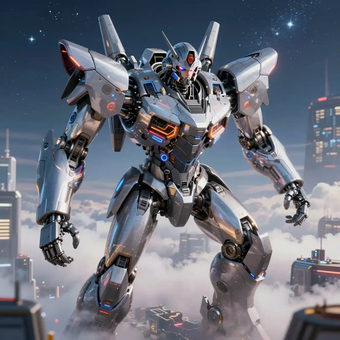 Giant steel mech rising over a futuristic neon city
