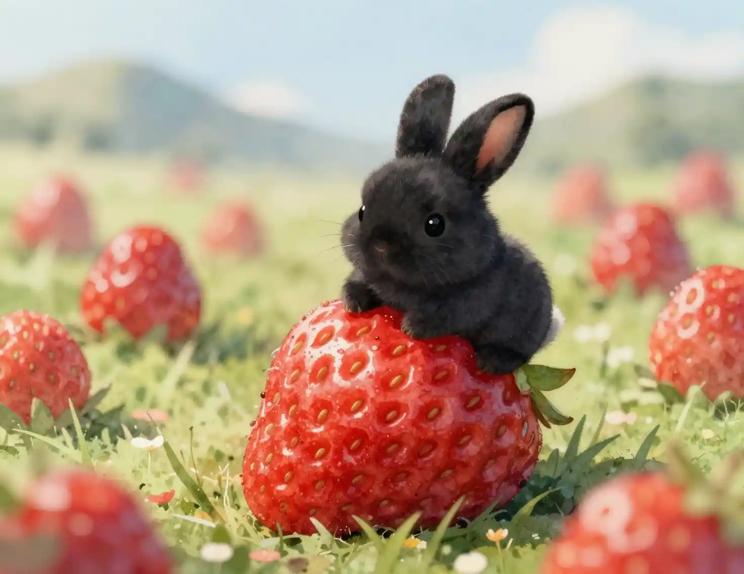 Tiny black rabbit sitting on a large red strawberry