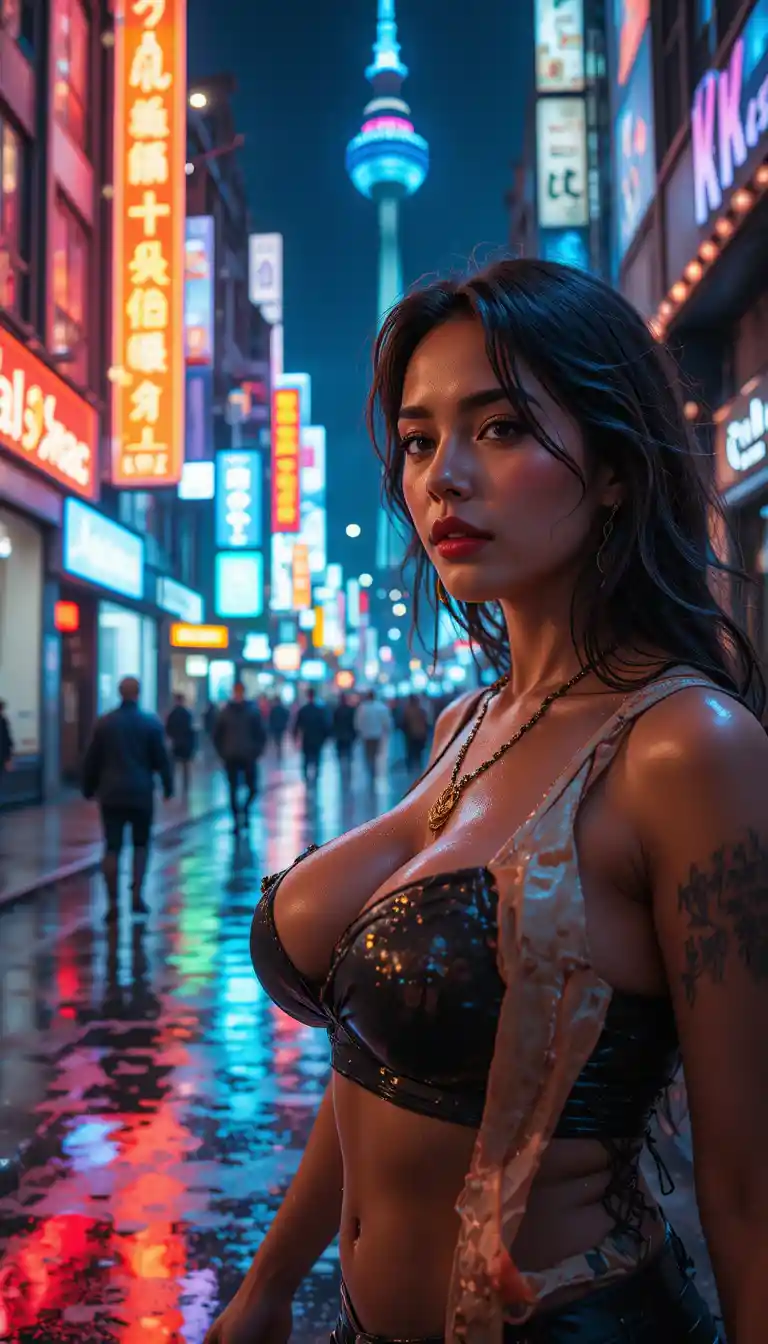 Curvy woman walking on neon city street at night