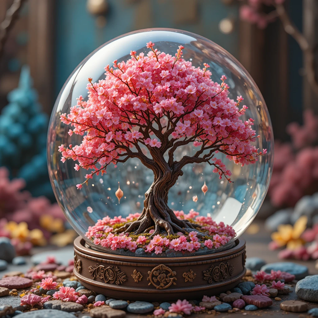 Japanese cherry tree glowing inside a colorful snow globe