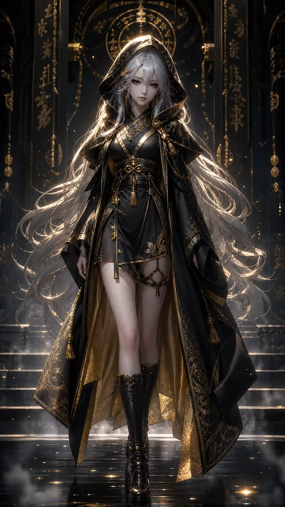 3D fantasy woman with silver hair in black and gold outfit