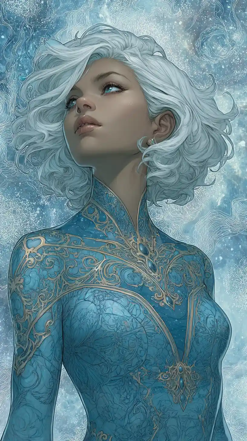 Intricate sci fi woman arriving from deep outer space