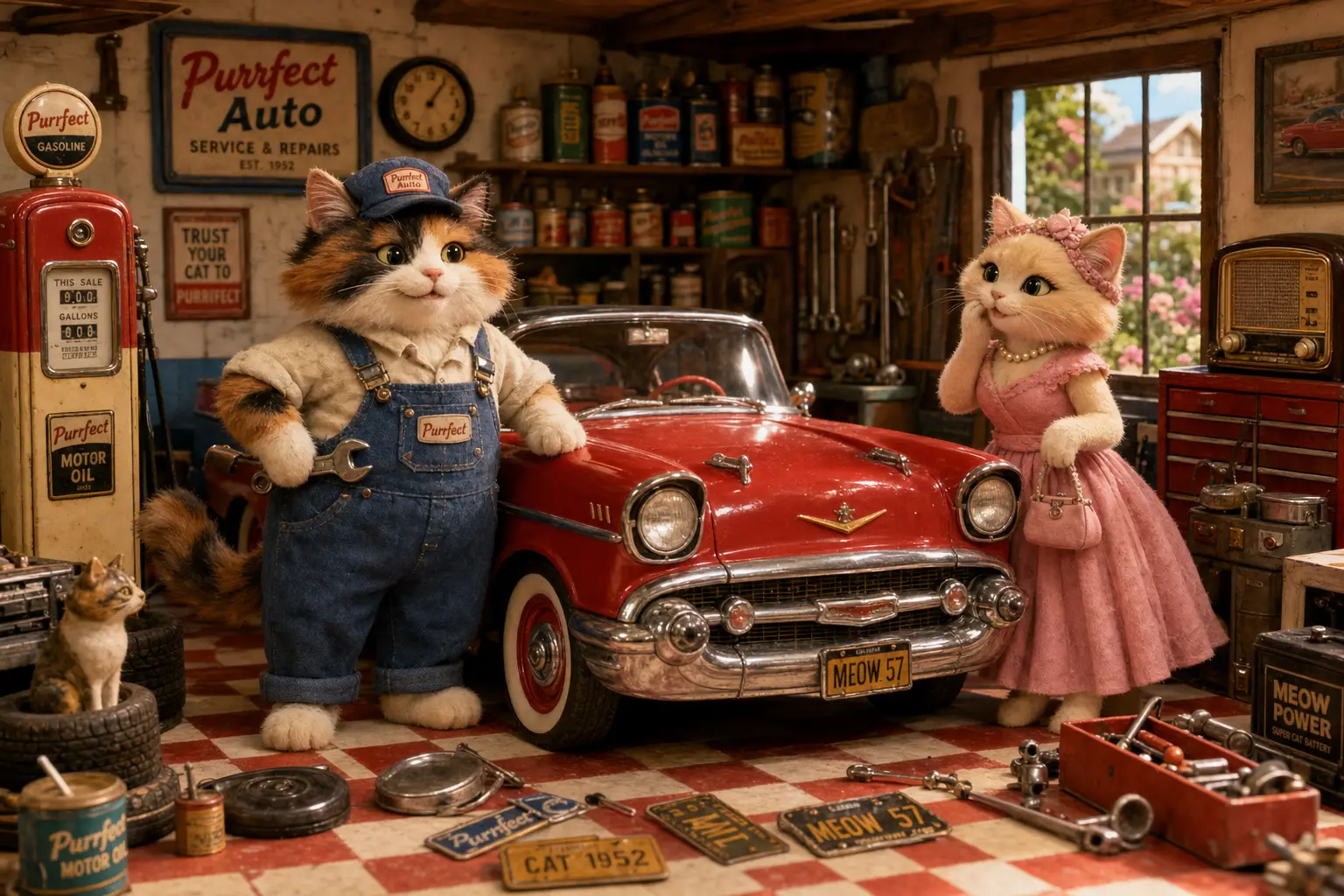 Gatti antropomorfi con auto d’epoca in un accogliente garage anni ’50