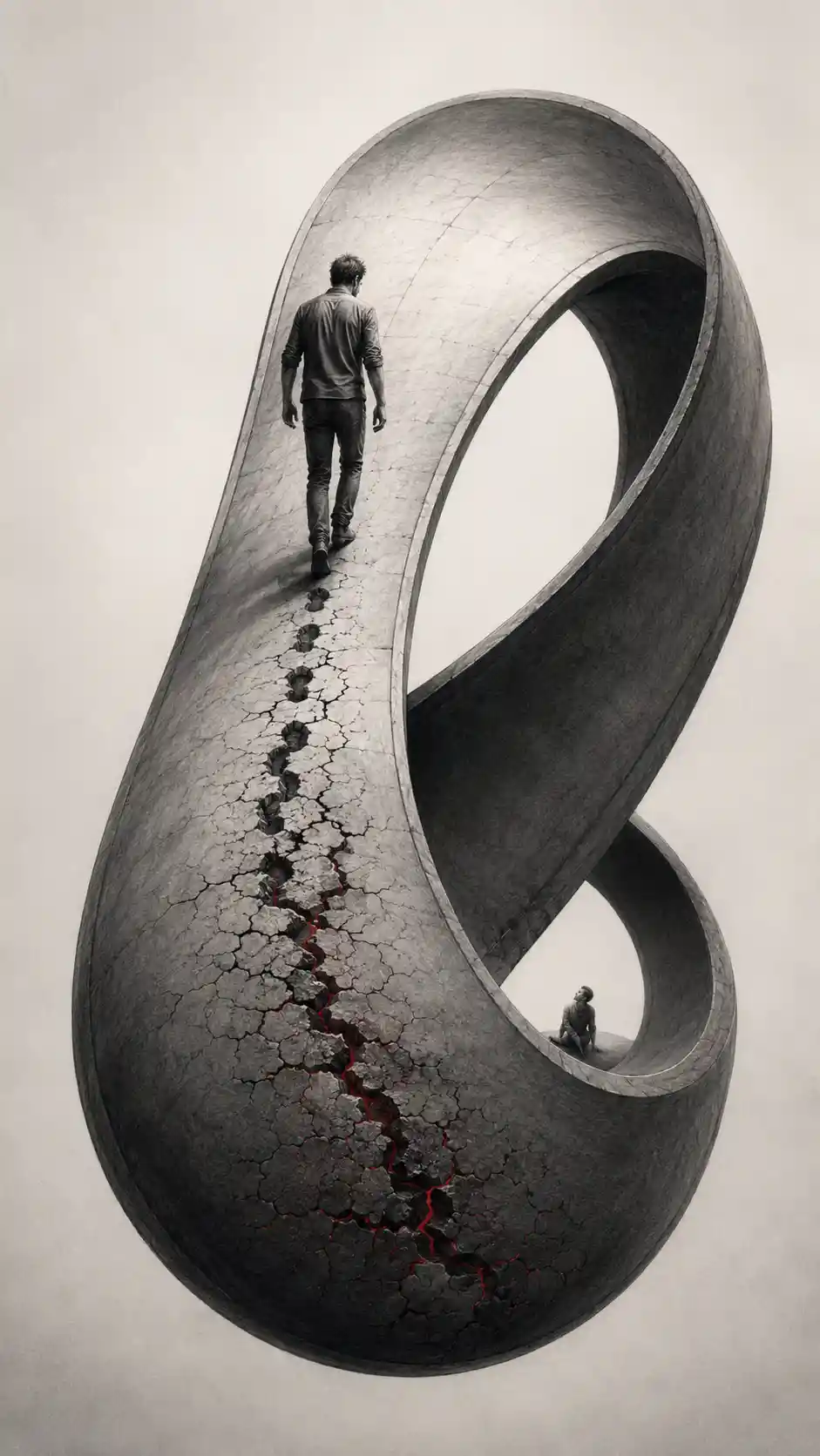 Endless treadmill figure on surreal mobius loop drawing