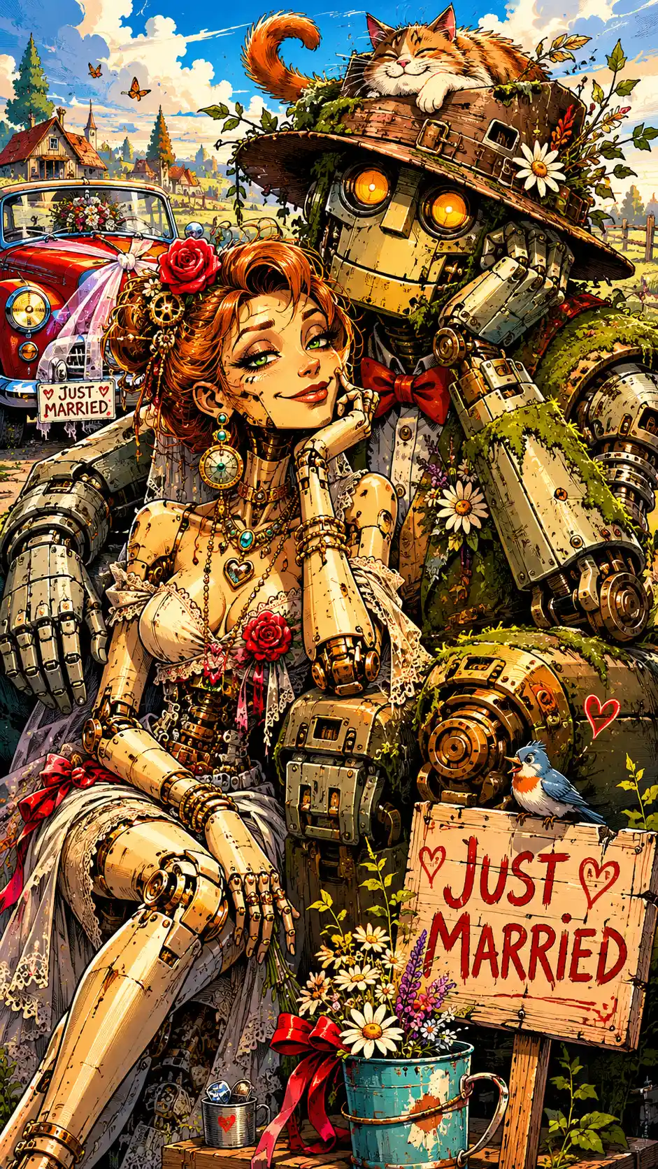 Cartoon robot woman with android giant in bright countryside
