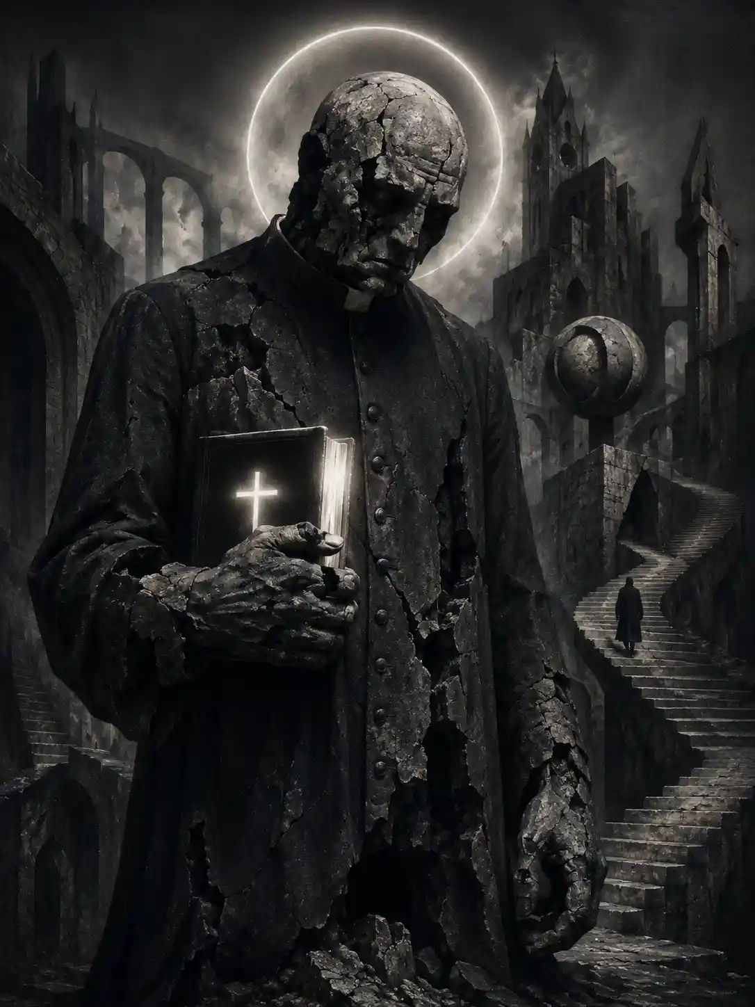 Broken stone golem priest with halo in gray environment