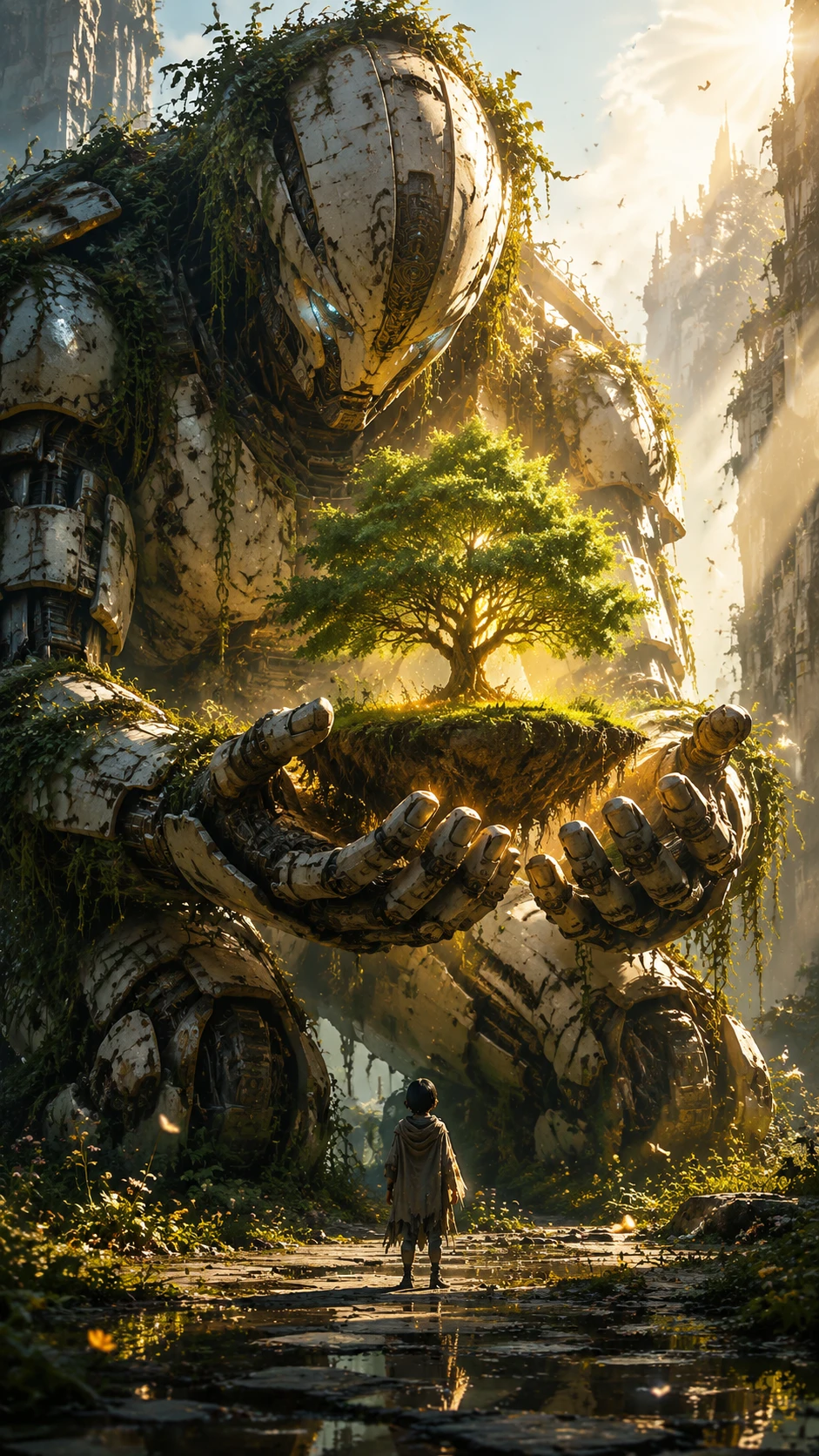 Ancient guardian mecha cradling the last living tree