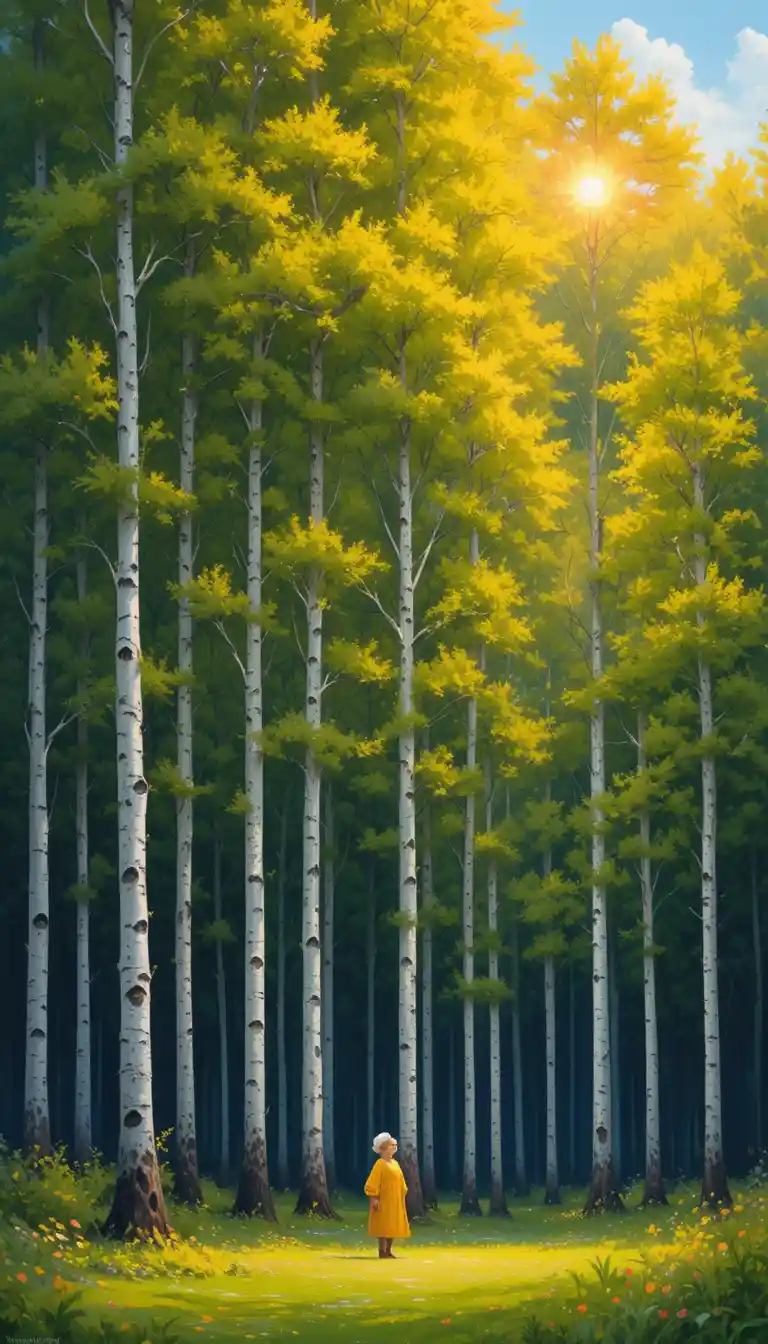 Sunny birch grove with a gentle fantasy creature