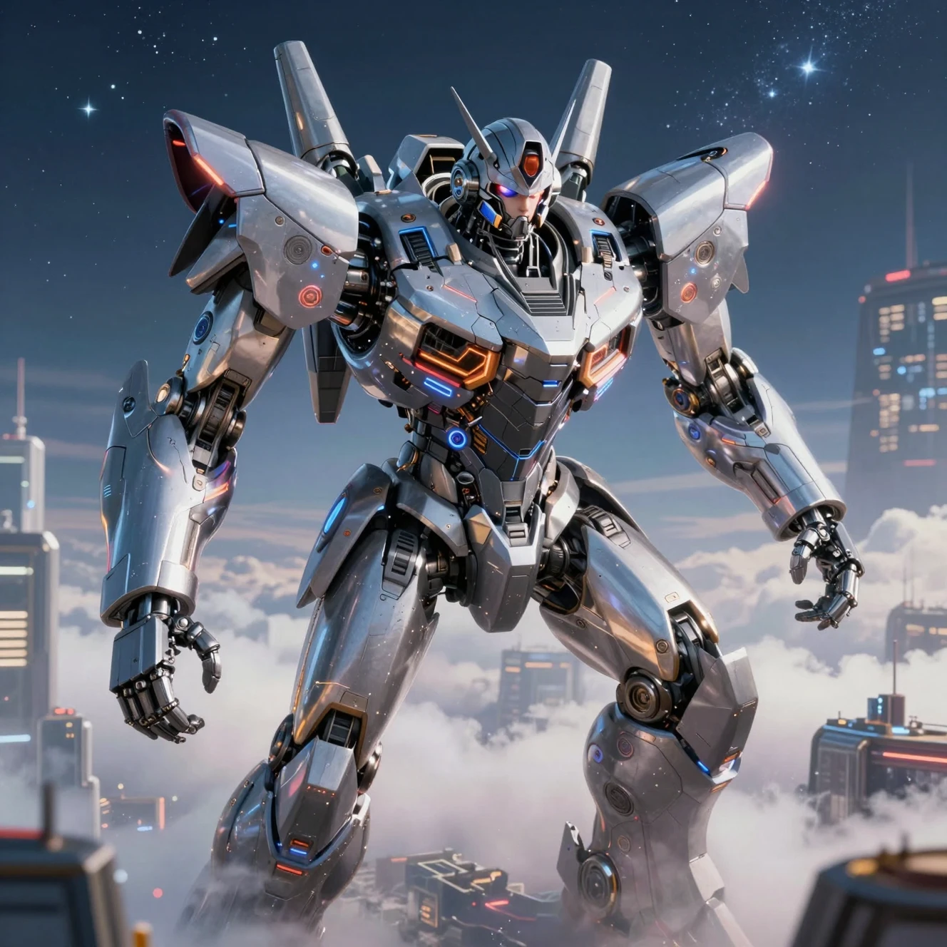 Giant steel mech rising over a futuristic neon city