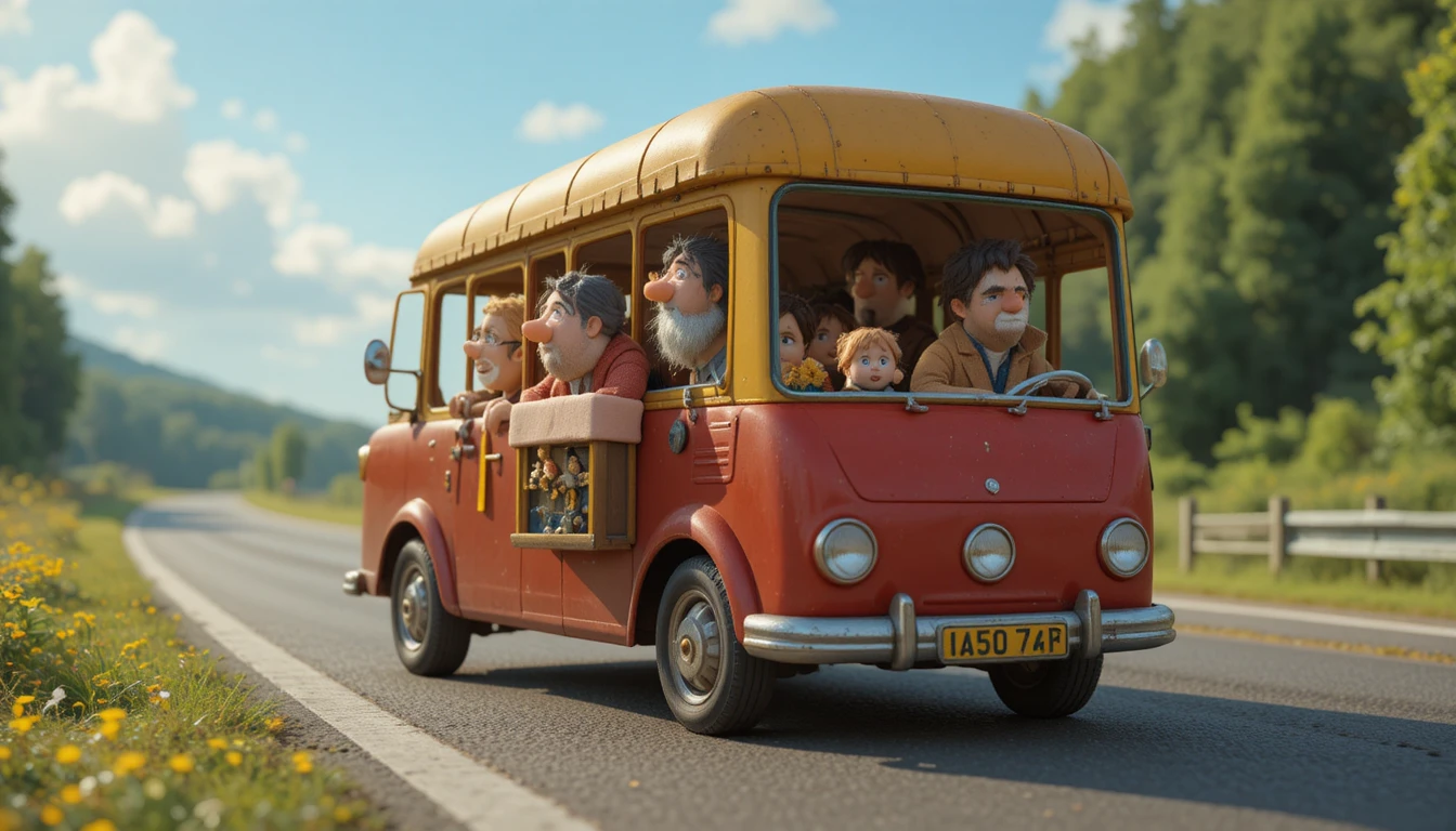 Whimsical summer car trip on a busy national highway