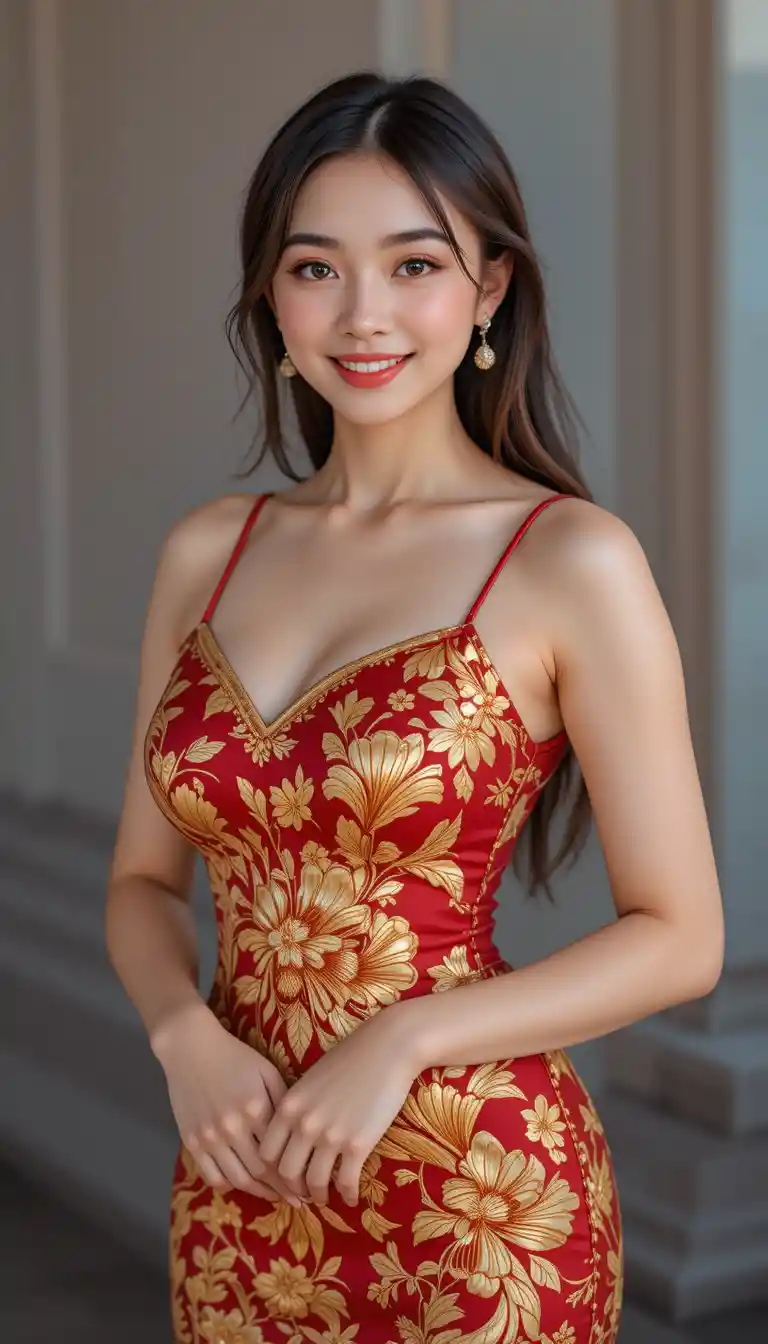 Elegant woman in chinese pattern gown facing the camera