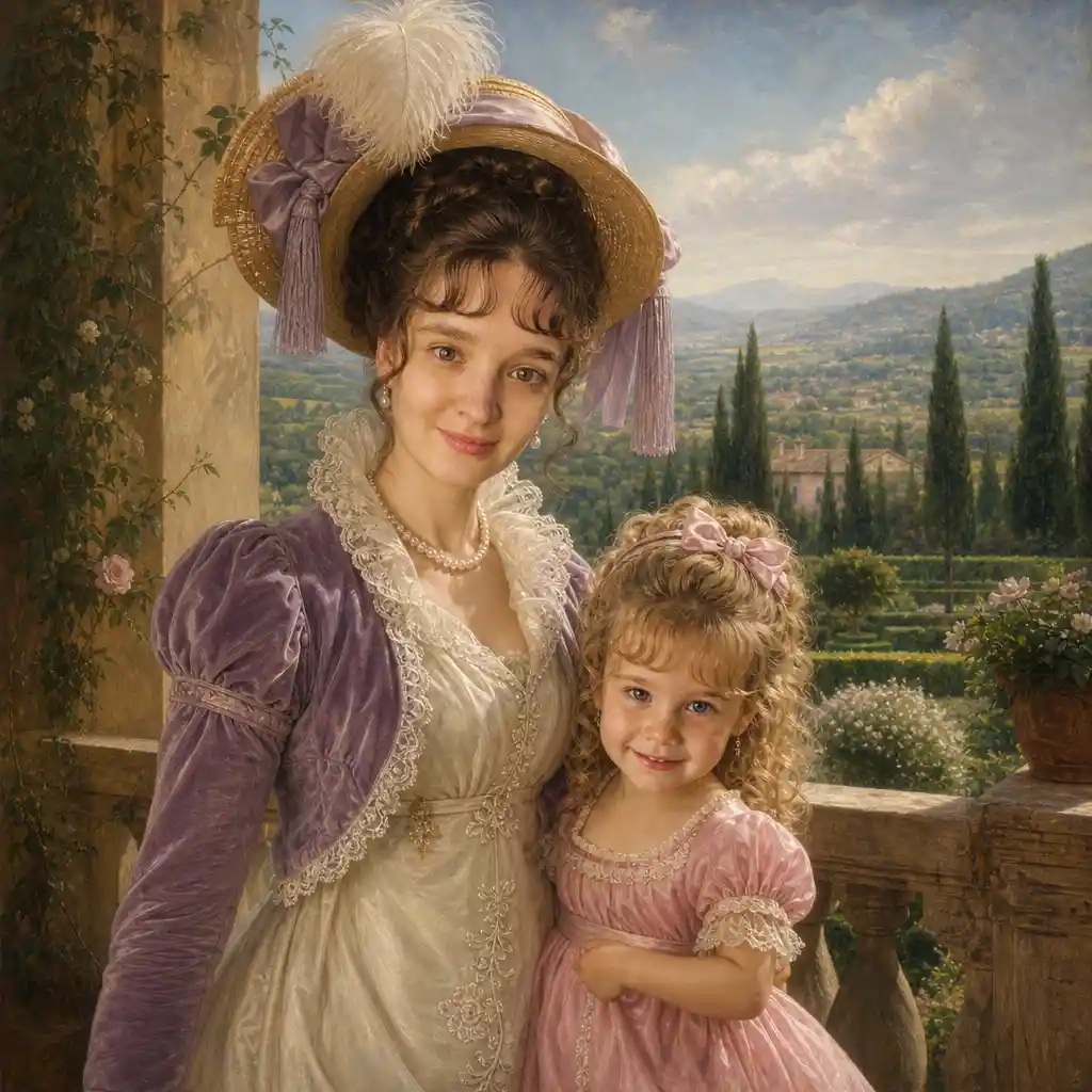 Elegant empire style lady on a Tuscan villa terrace