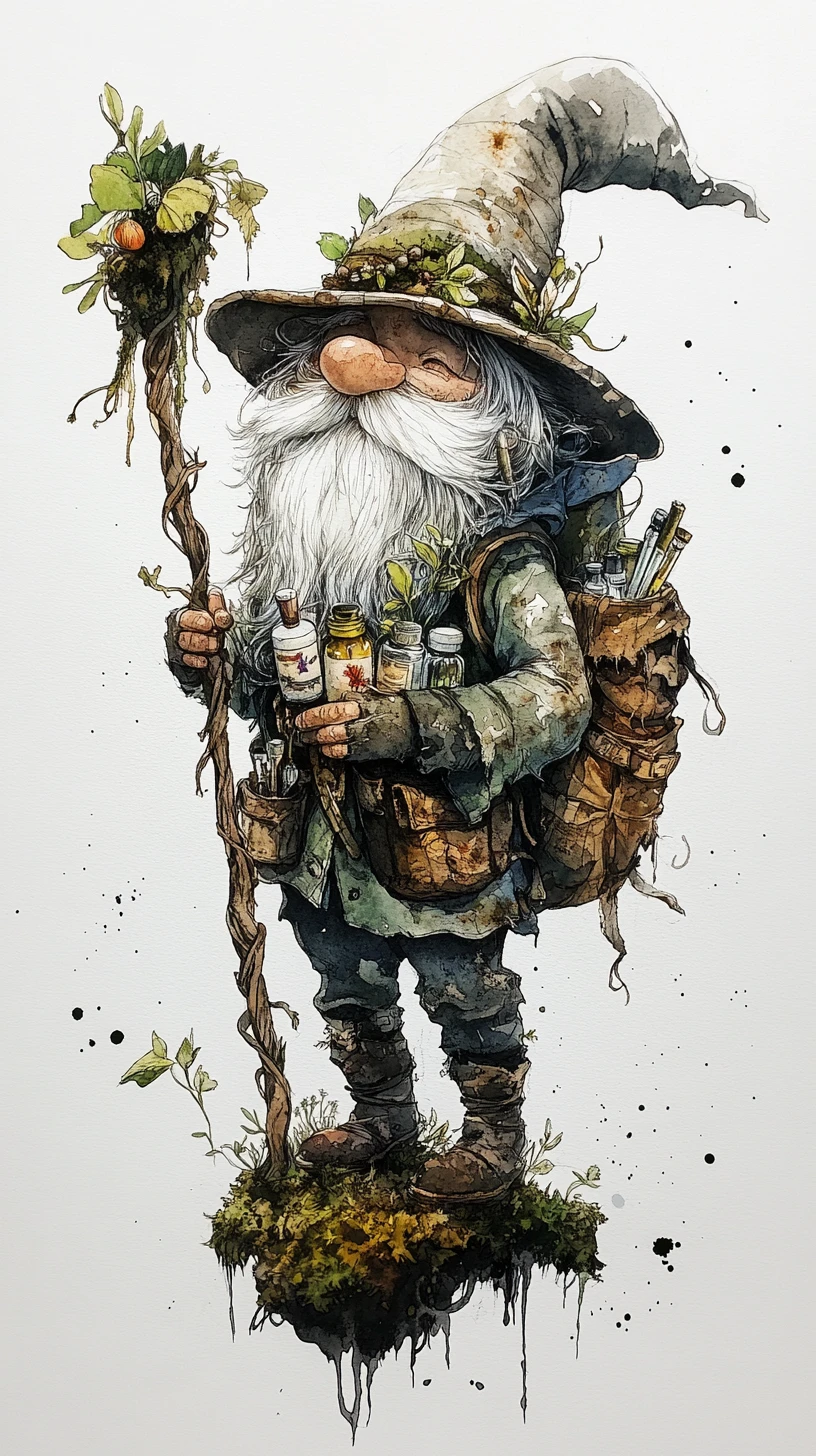 Whimsical travel gnome with staff on mossy roots