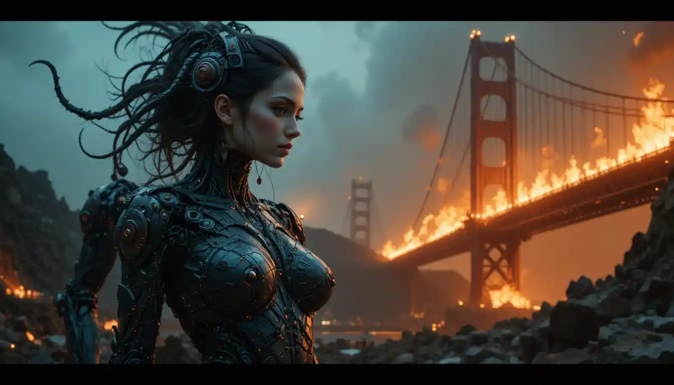 Cyborg woman with giant mecha in burning cityscape