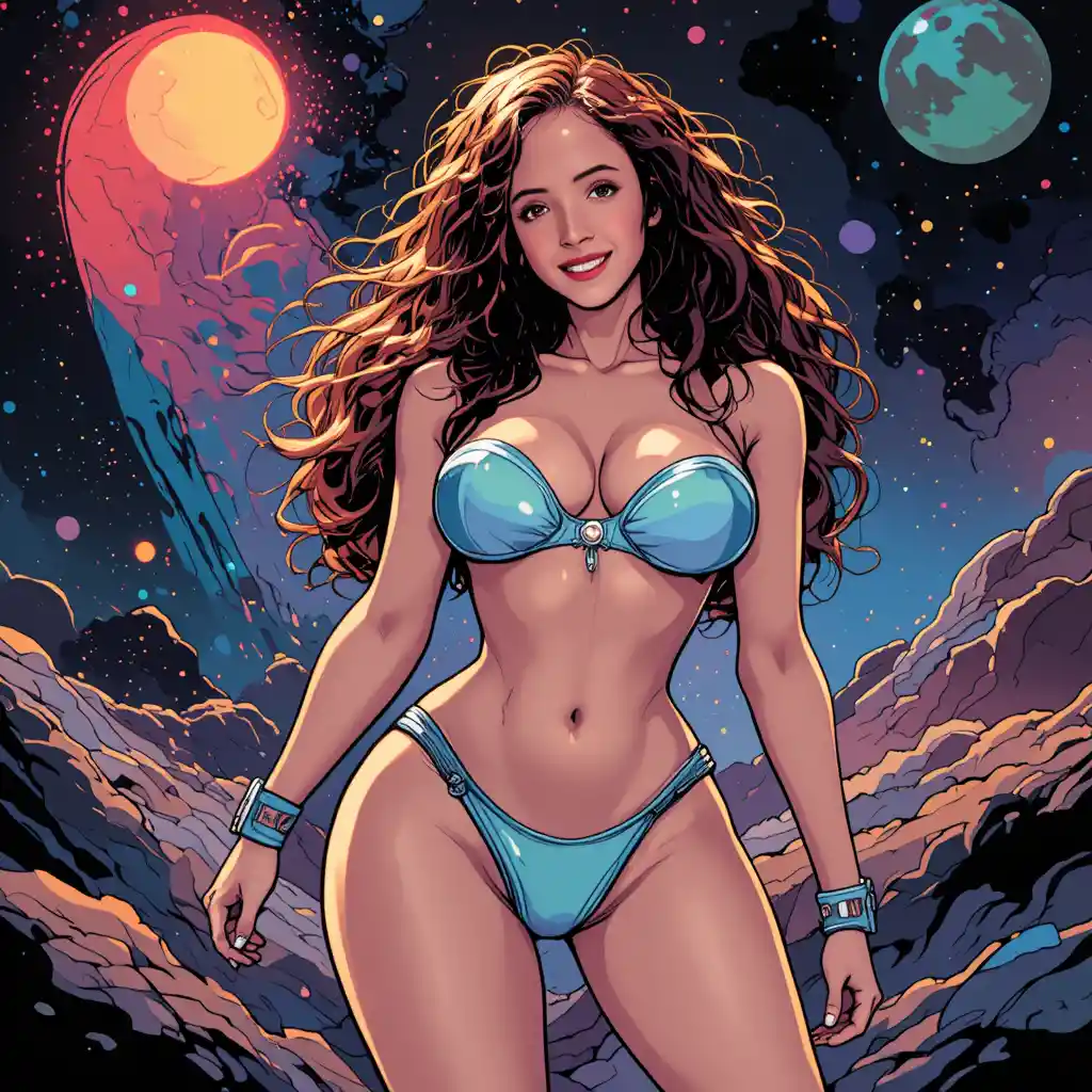 Curvy space heroine in a bold futuristic comic style