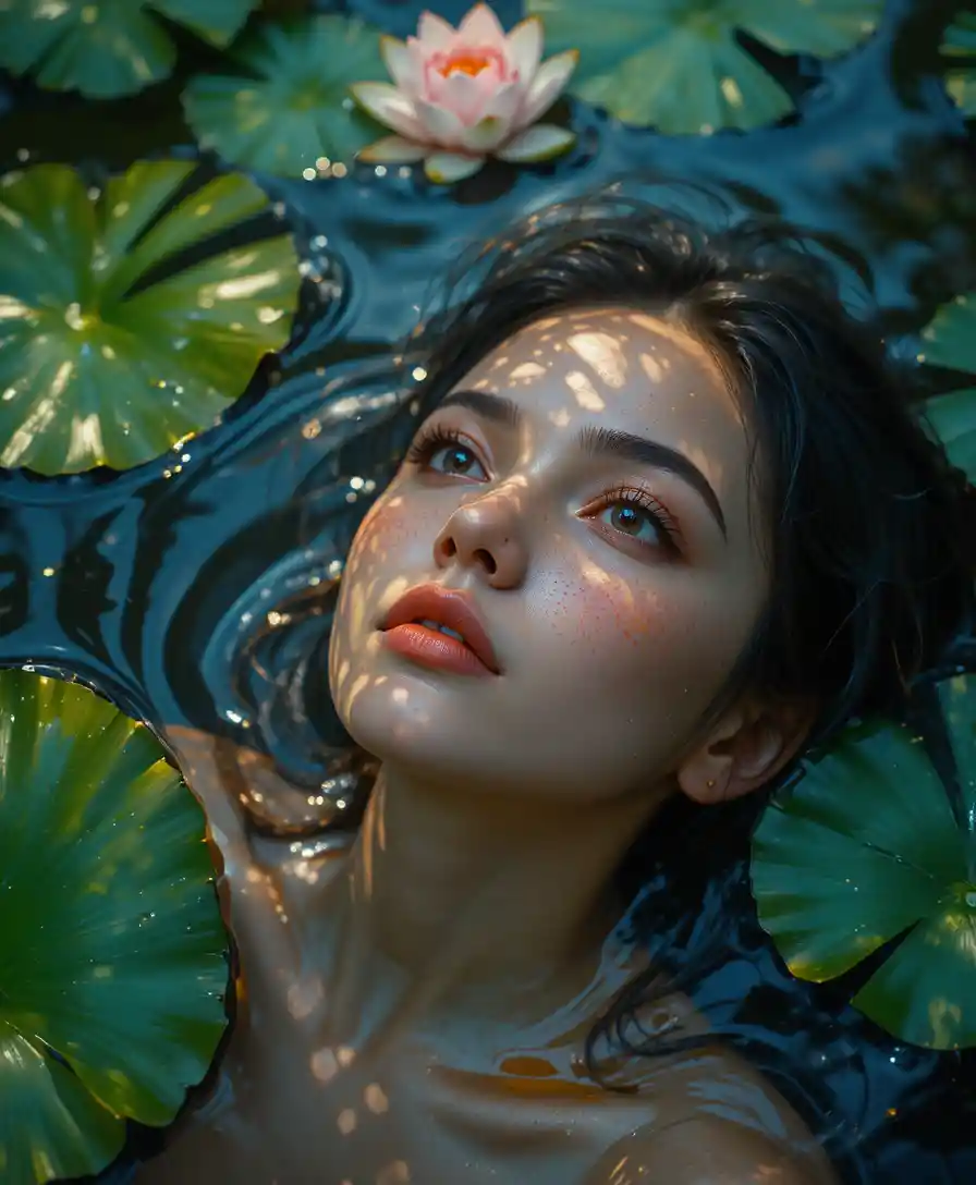 Young woman floating among lily pads in golden light