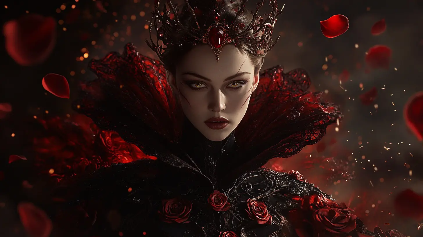 Majestic dark queen in crimson and black velvet finery