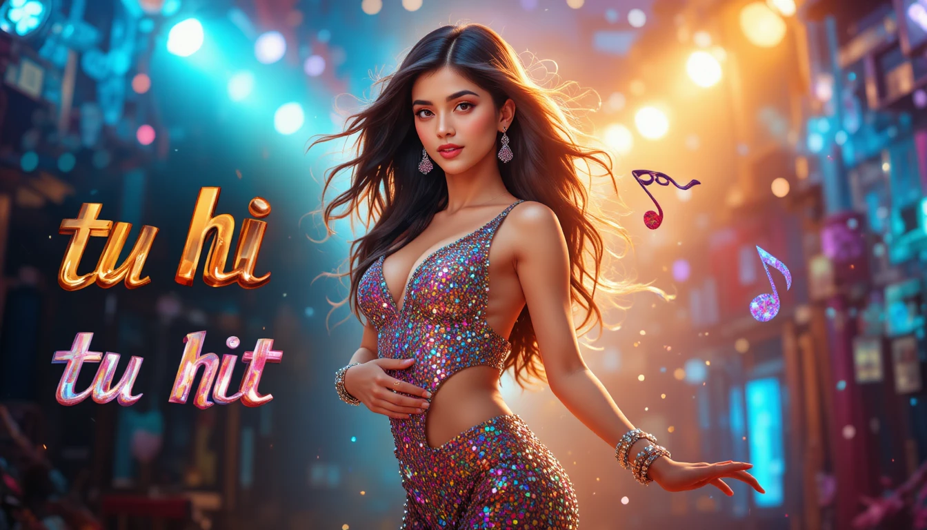 Bollywood dance thumbnail with confident woman and lights