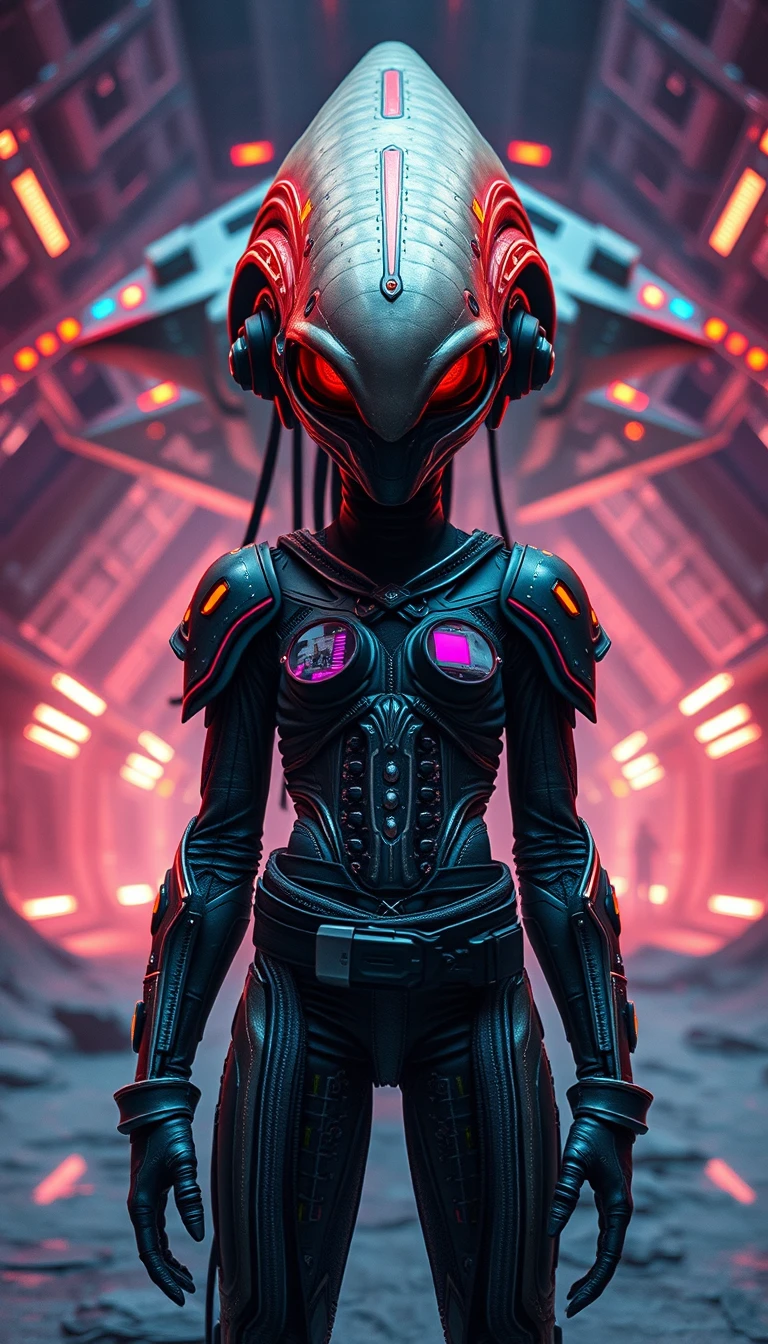 Alien figure in a sci fi pyramid chamber on spaceship