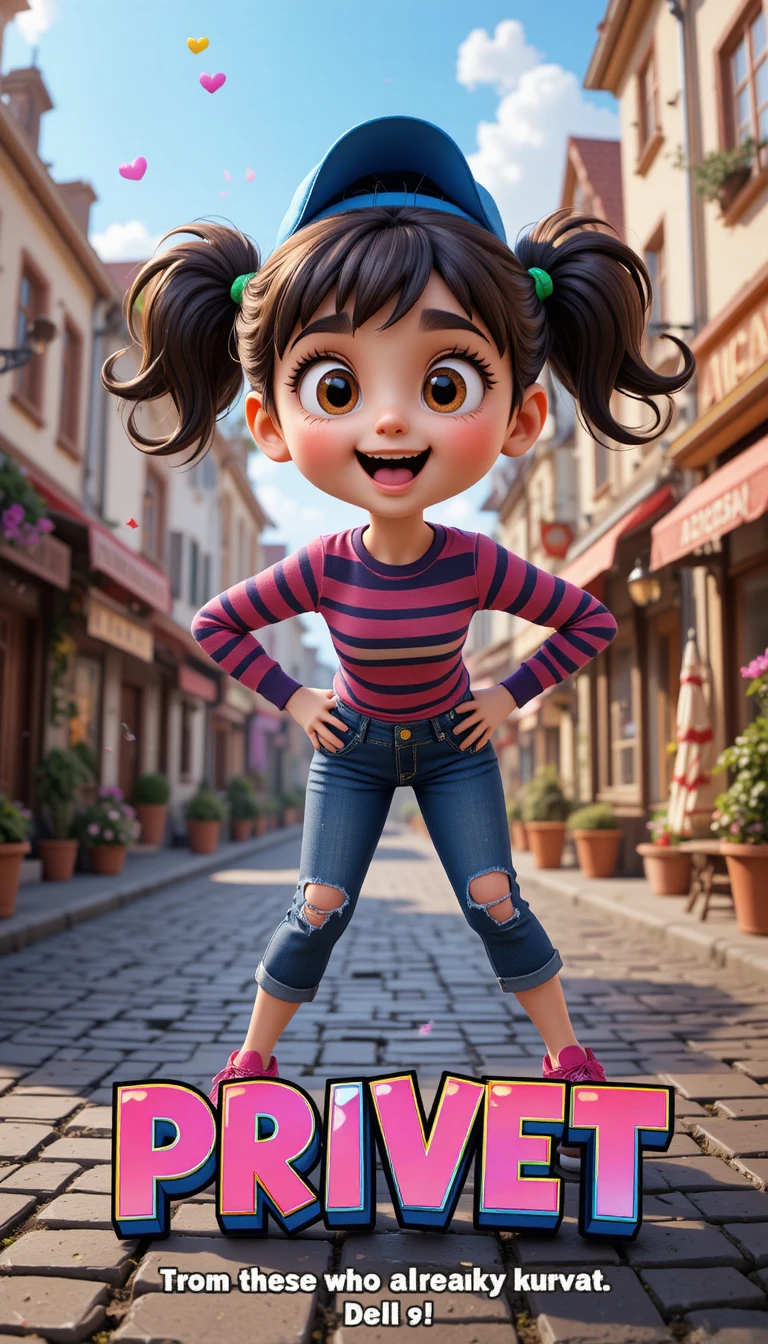 Playful 3D cartoon girl on sunny European street