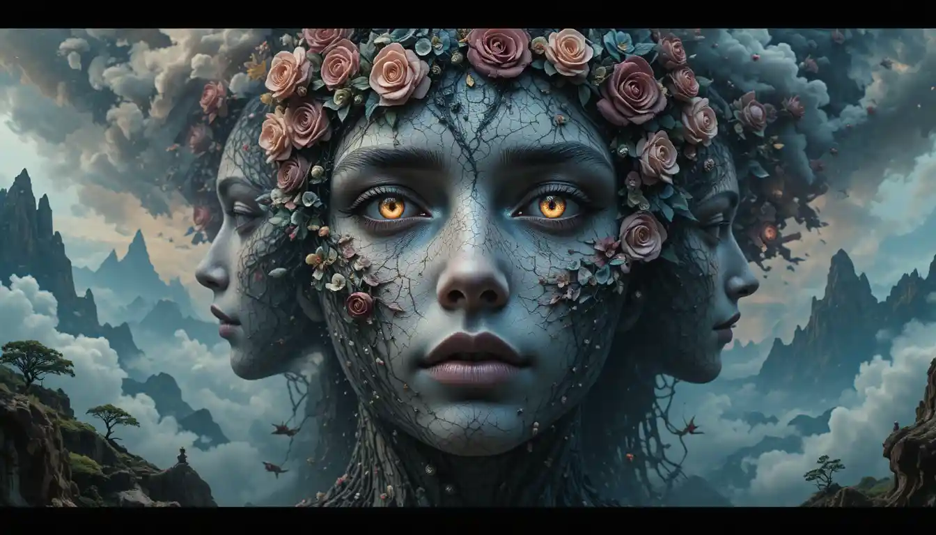 Surreal landscape of infinite layered human faces and forms