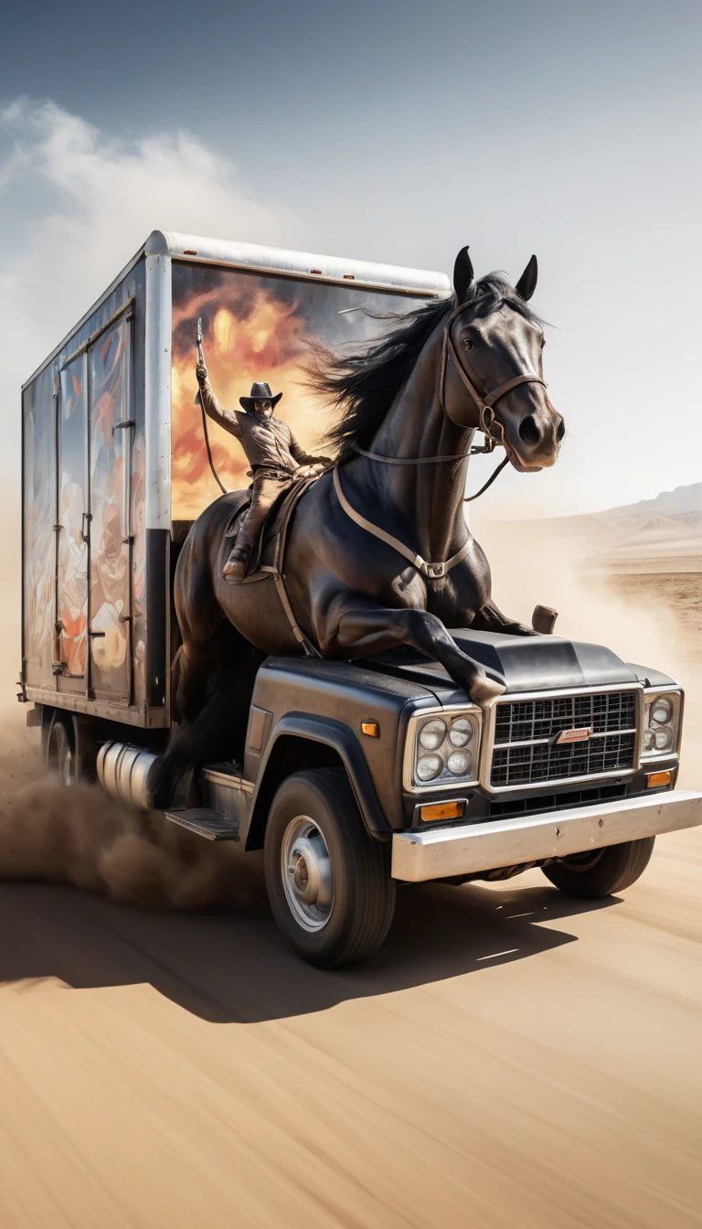 Low angle view of truck rear with cowboy comic mural