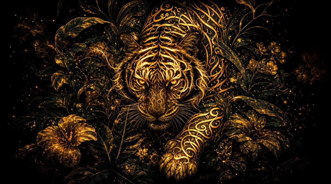 Glowing Tiger Emerging From Dense Tropical Jungle Flowers