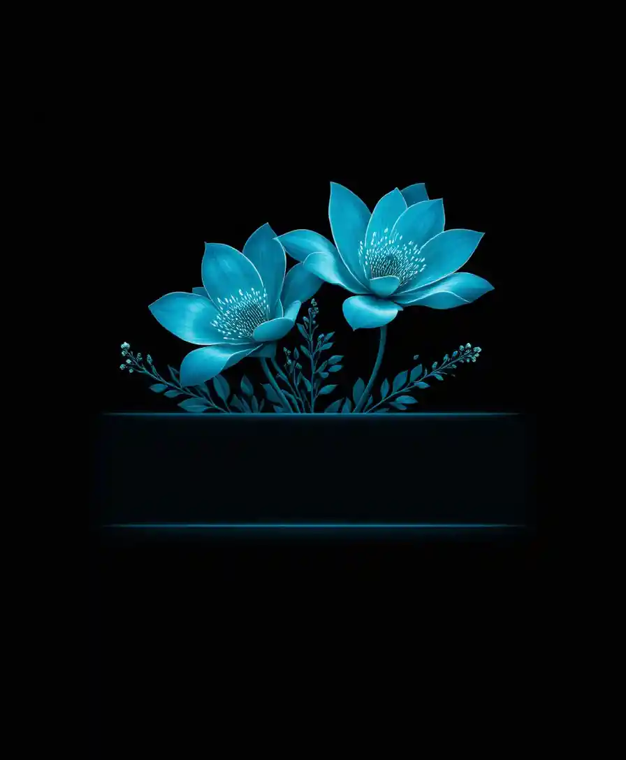 Minimal black background with glowing turquoise flowers and bar