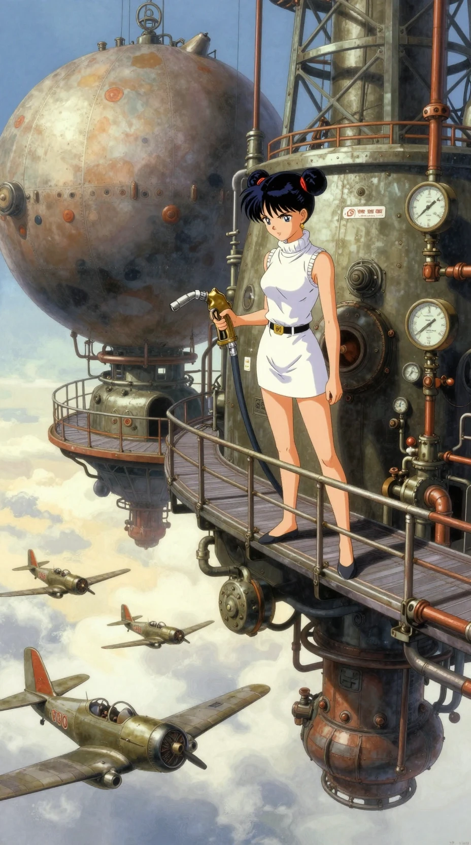 Chica anime repostando aviones en plataforma industrial flotante