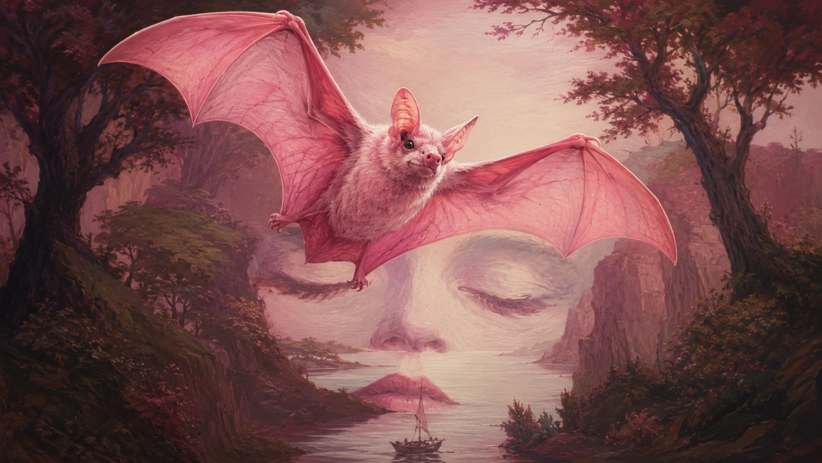 Surreal Fine Art Illustration Of A Pink Bat In Flight