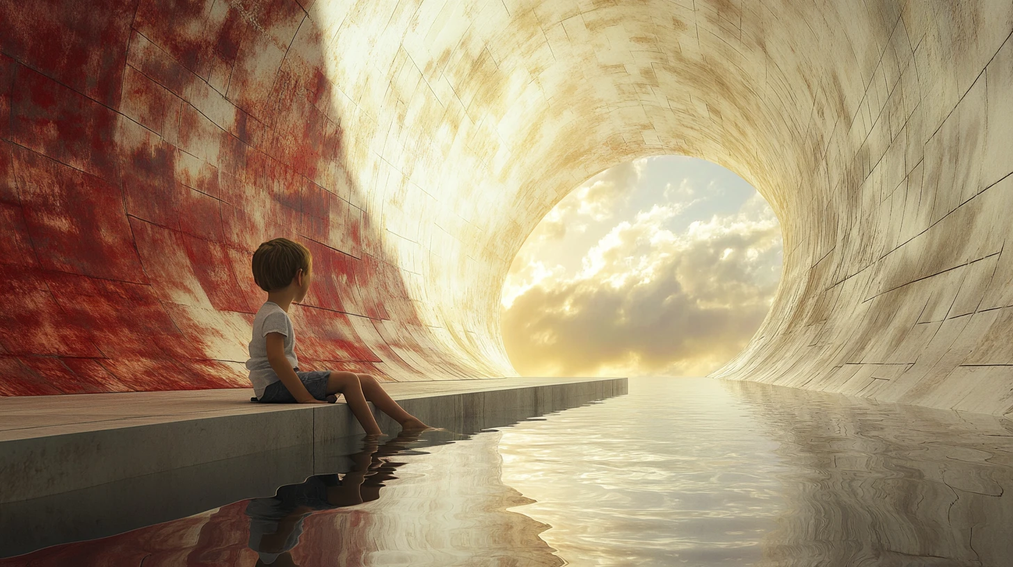 Child on platform above water in surreal corridor