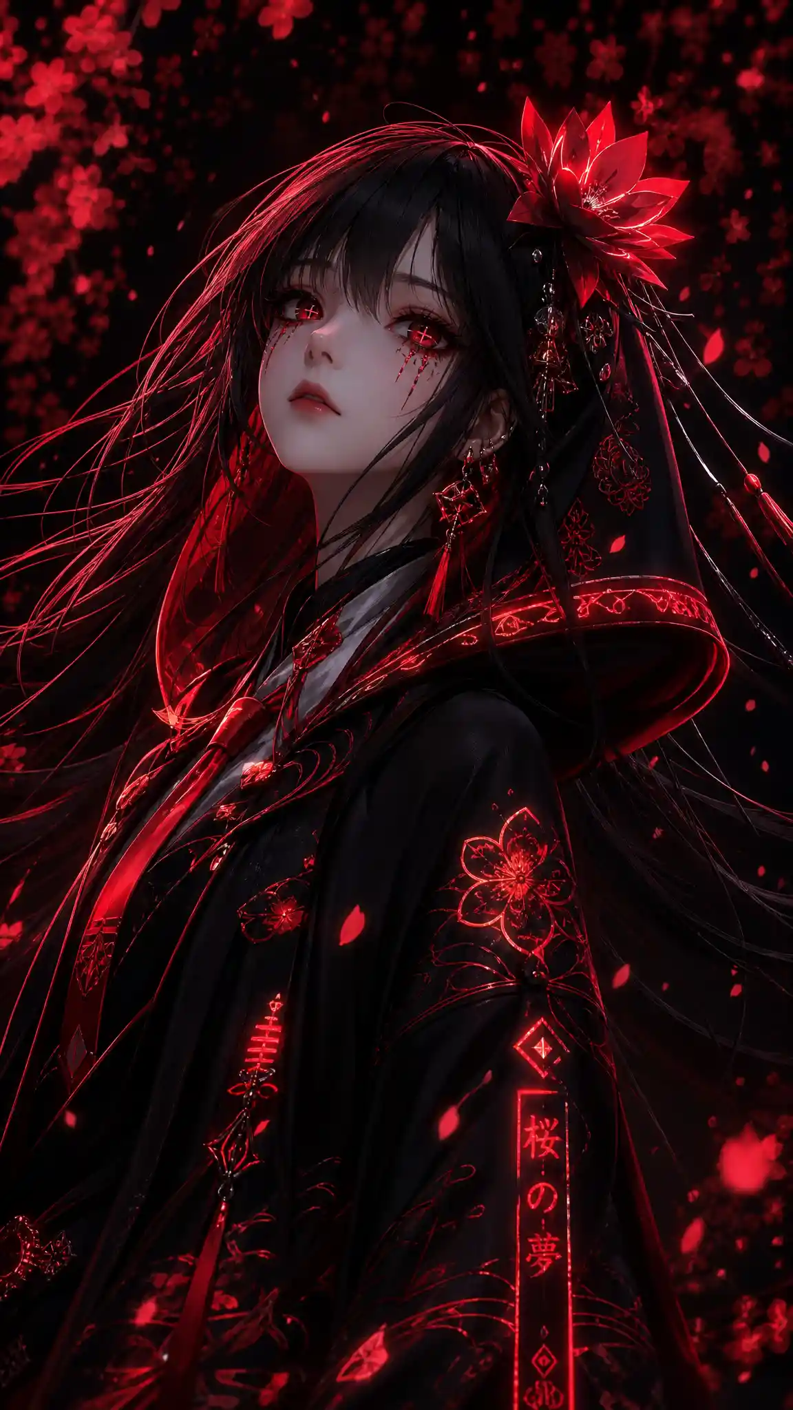 3D anime girl in dark floral kimono with glowing accents