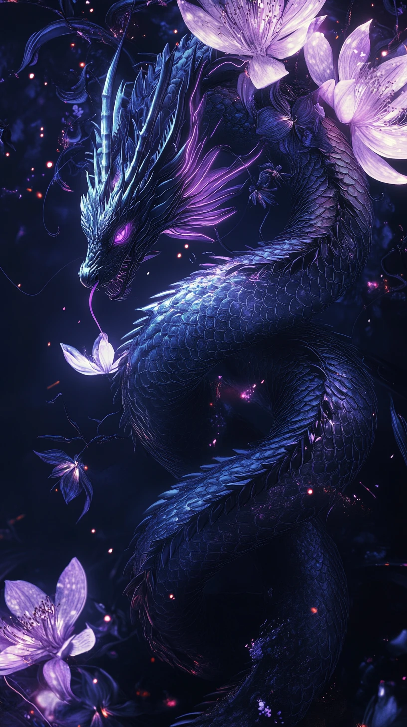Serpentine dragon coiled around glowing vertical flowers
