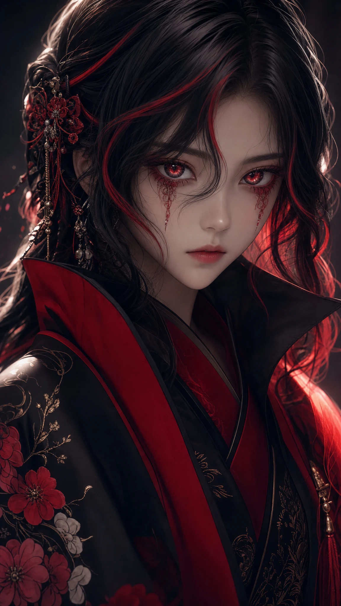 Somber anime girl with red and black eyes in 3D style
