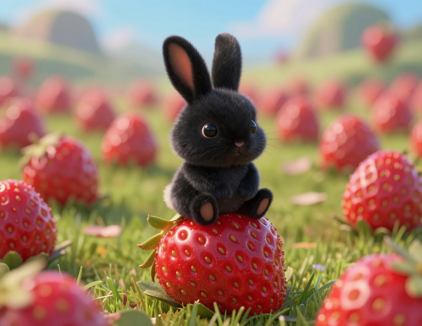 Tiny black rabbit perched on a single red strawberry