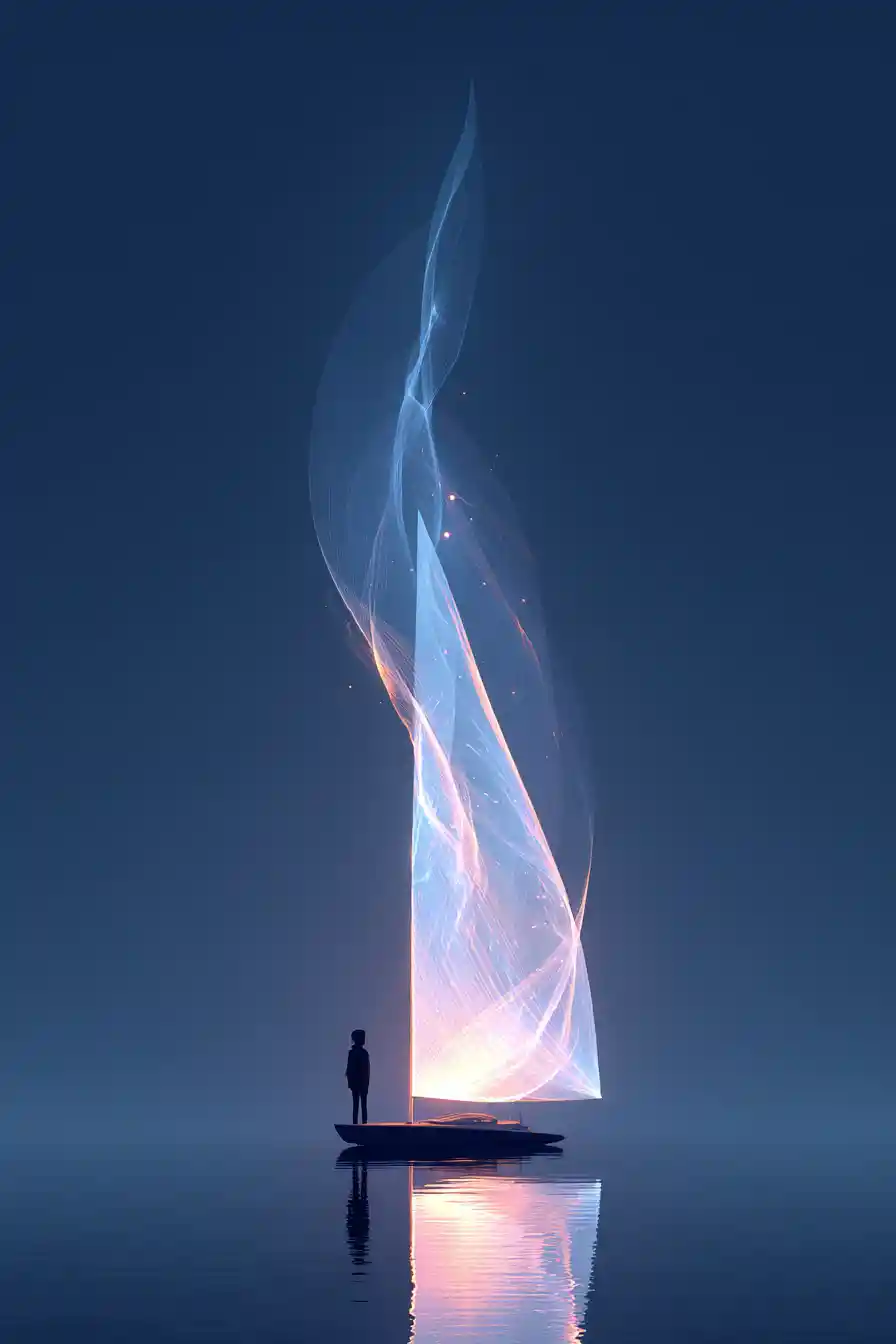 Minimalist sailboat with glowing ribbon sail on dark ocean