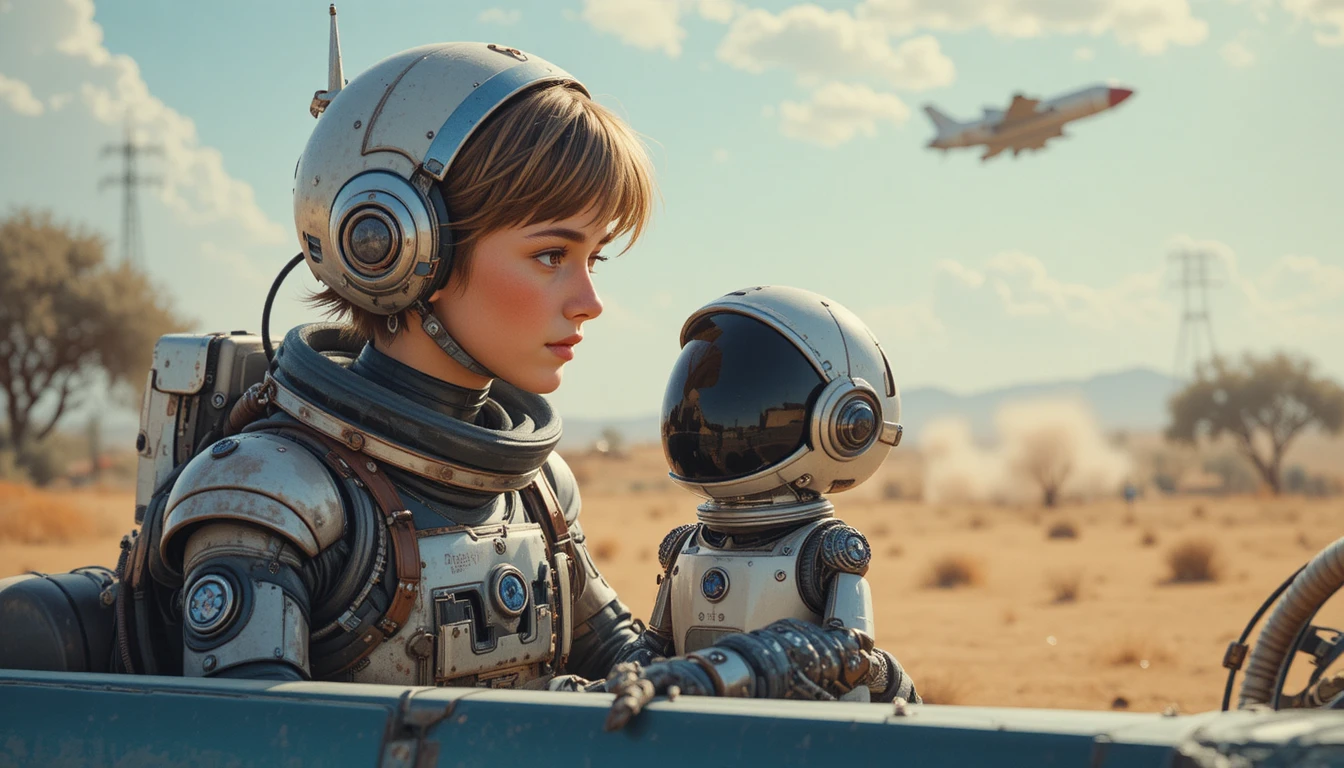 Young astronaut girl floating in outer space with her robot