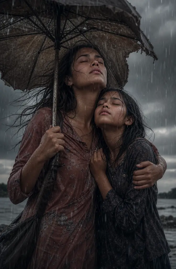 Mother and daughter sharing an umbrella in heavy rain