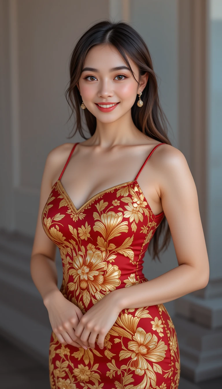中国風の柄ドレスを着てカメラを見つめるエレガントな女性