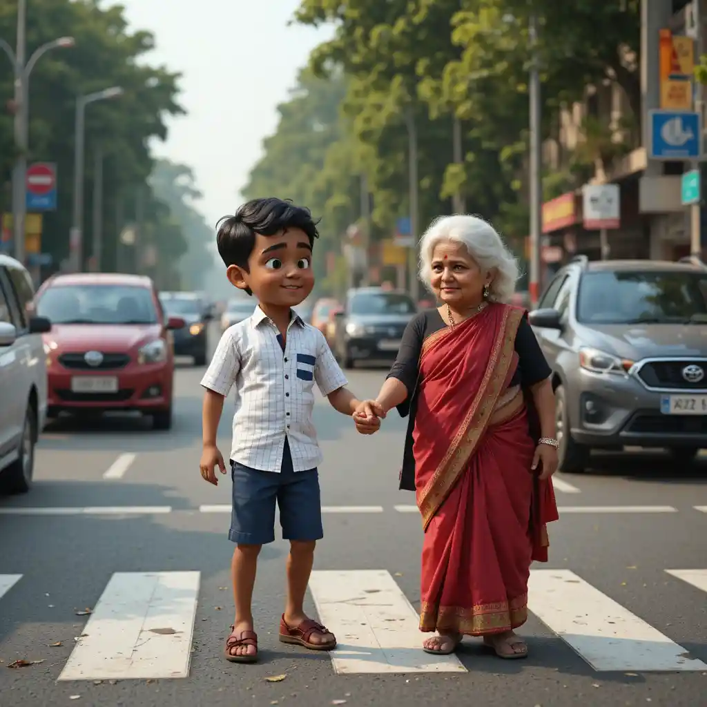 Young boy helping grandmother cross a busy city street